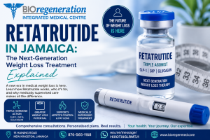 Retatrutide in Jamaica – The Next-Generation Weight Loss Treatment Explained. Medical-themed banner featuring a Retatrutide injection vial and weight loss pen with Bioregeneration Integrated Medical Centre branding. Highlights triple hormone action (GLP-1, GIP, and glucagon), medically supervised treatment, appetite control, and weight loss support in Jamaica.