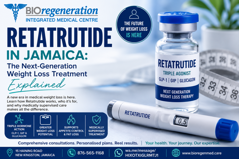 Retatrutide in Jamaica – The Next-Generation Weight Loss Treatment Explained. Medical-themed banner featuring a Retatrutide injection vial and weight loss pen with Bioregeneration Integrated Medical Centre branding. Highlights triple hormone action (GLP-1, GIP, and glucagon), medically supervised treatment, appetite control, and weight loss support in Jamaica.