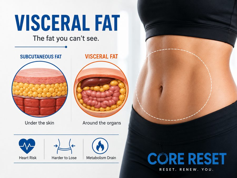 Visceral fat diagram comparing subcutaneous and visceral fat around a woman's midsection